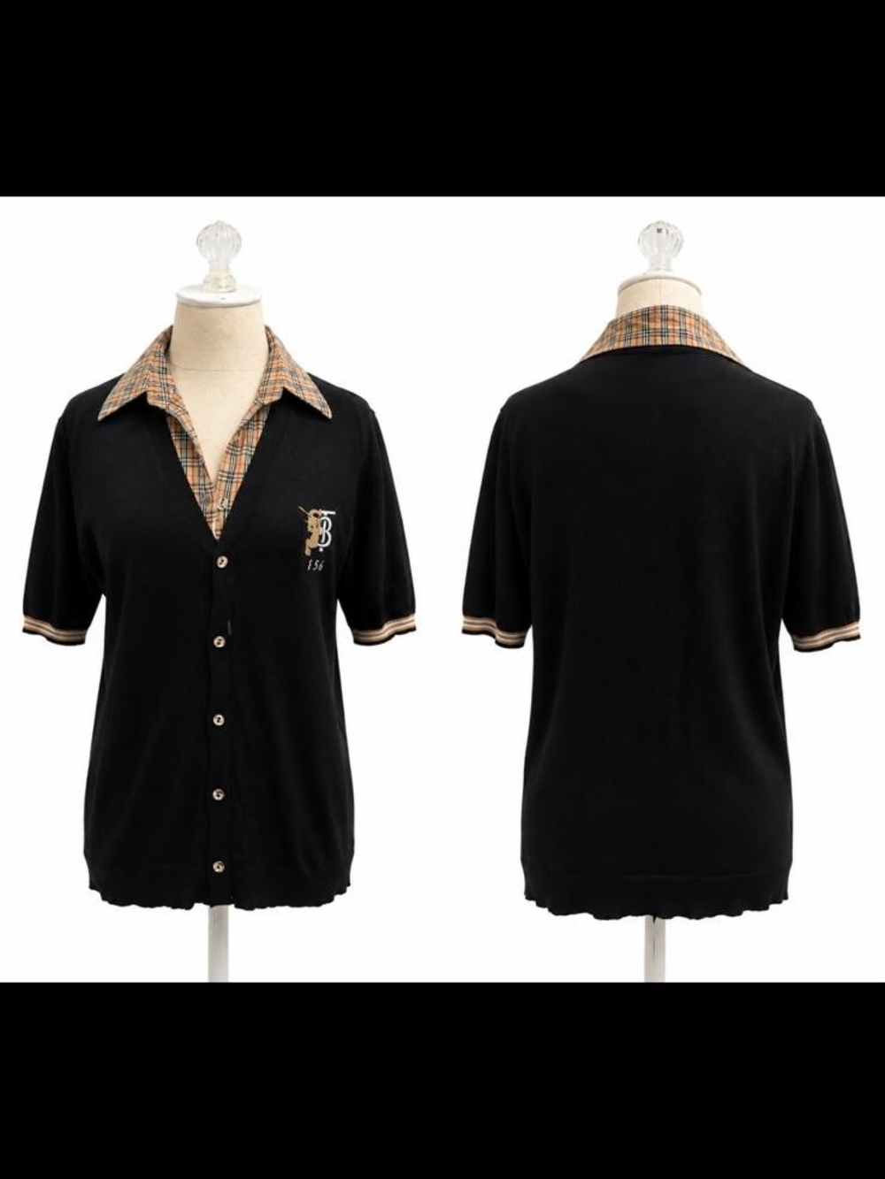 Black Short-Sleeve Button Polo with Plaid Collar